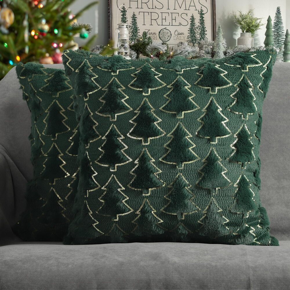 8972 Christmas Tree Decorative Pillow Covers 20x20 Set of 2, Green Soft